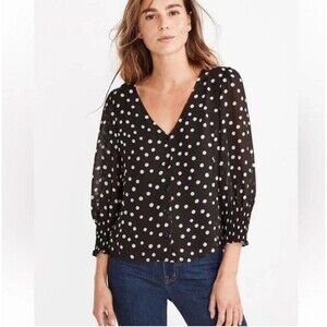 Retro Polka Dot Chiffon Button Blouse Black White Smocked Cuffs Sz 4 Retro Chic